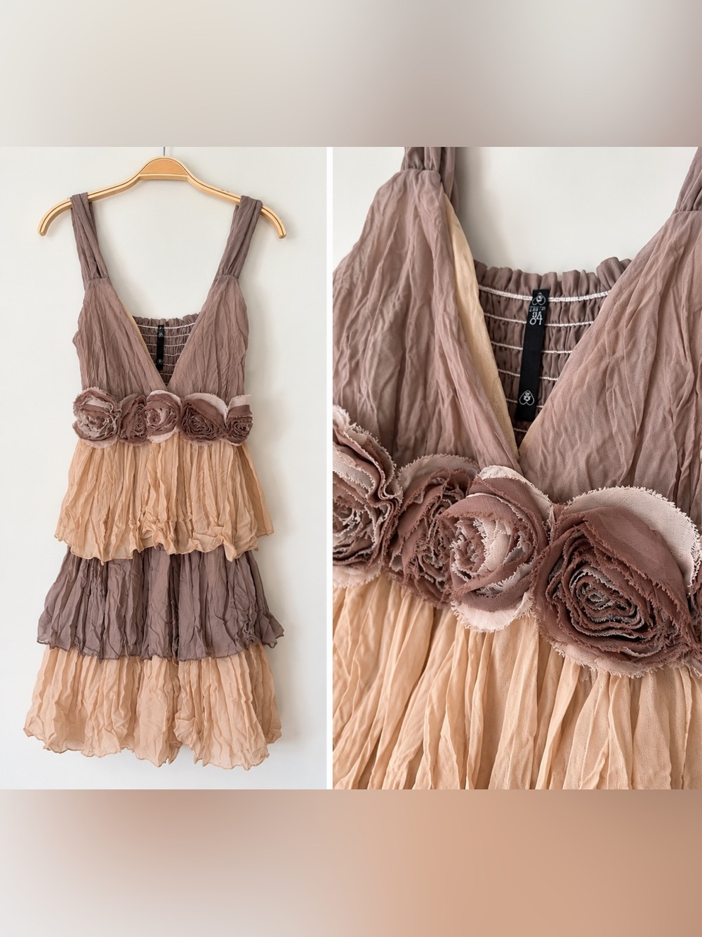 Love Culture Taupe & Blush Tiered Rose Applique Slip Dress